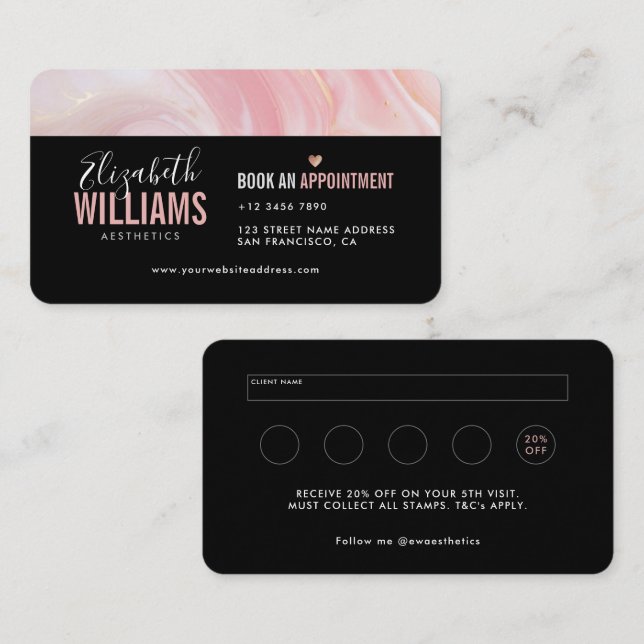 Black Pink Marble Gold Beauty Aesthetics Loyalty & Business Card (Front/Back)
