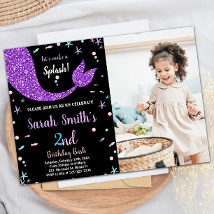 Black Pink Mermaid Tail Birthday with photo Invitation