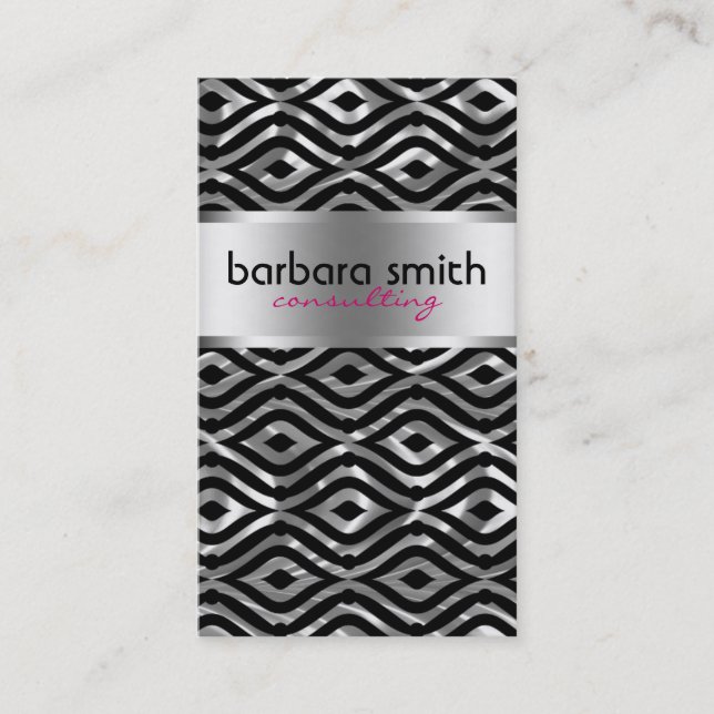 Black Pink & Metallic Silver Geometric Pattern Business Card (Front)