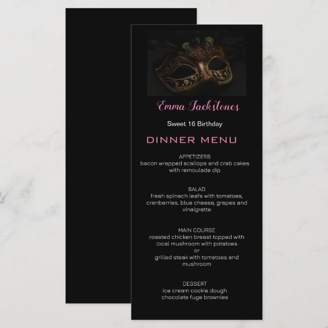 Black & Pink Minimalist Sweet 16 Masquerade Mask  Menu (Front/Back)