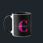 Black Pink Modern Stylish Script Monogram Name Mug<br><div class="desc">This minimalist combo mug with a last name monogram and cursive first name makes a bold statement. It can be easily customised with a pink and white monogram and name. Enjoy your favourite hot beverage in it and personalise and give it to family and friends for birthdays, anniversaries, house warmings...</div>