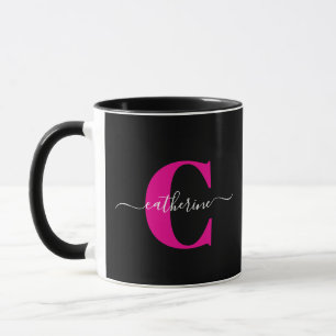 Black Pink Modern Stylish Script Monogram Name Mug
