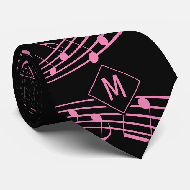 Black Pink Monogram MUSICAL NOTES  Neck Tie (Rolled)
