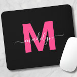 Black Pink Monogram Script Name Mouse Mat<br><div class="desc">Personalised Girly Modern Black and Pink Script Initial Monogram Mouse Pad. Add a touch of feminine charm and sophistication to your workspace with this chic mouse pad. It features a bold magenta hot pink initial centred on a sleek black background, creating a stylish and girly design. Perfect for students, professionals,...</div>