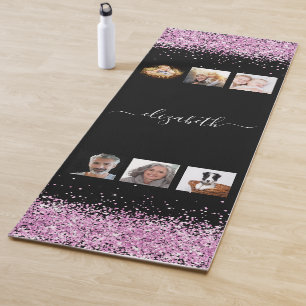 Black pink name photo collage yoga mat