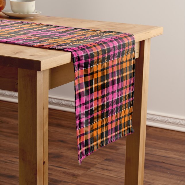 Black Pink Orange Plaid Tartan Design  Short Table Runner (In Situ)