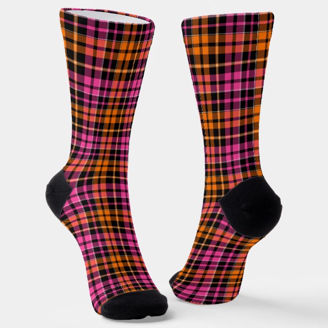 Black Pink Orange Plaid Tartan Design  Socks (Angled)