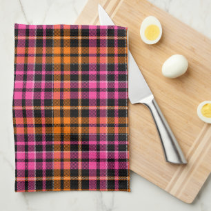 Black Pink Orange Plaid Tartan Design Tea Towel