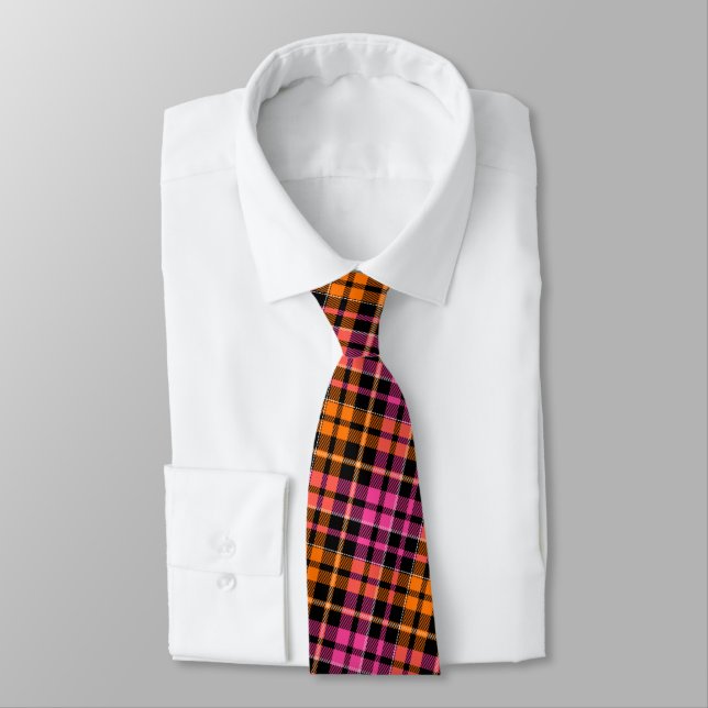 Black Pink Orange Plaid Tartan Design  Tie (Tied)