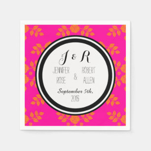Black Pink Orange Roses Damask Wedding Napkins