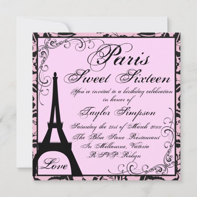 Black & Pink Paris Sweet16 Birthday Invite (Front)