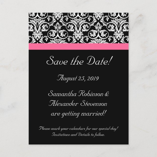 Black Pink Passion Damask Save the Date Card (Front)