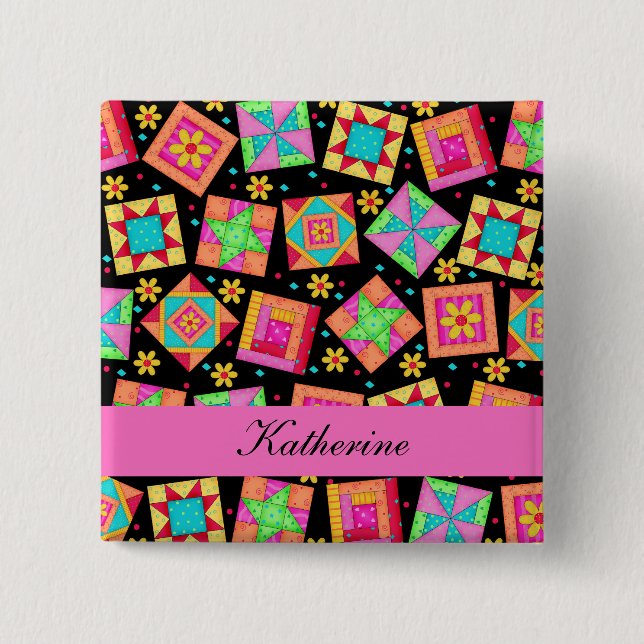 Black Pink Patchwork Quilt Blocks Name Badge (Front)