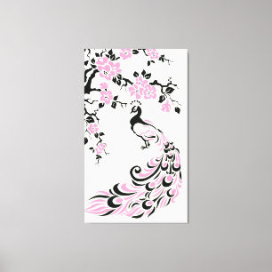 Black, pink peacock and cherry blossoms custom canvas print