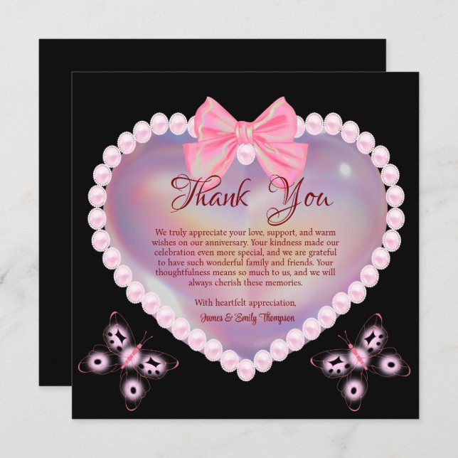 Black & Pink Pearl Wedding Anniversary Butterflies Thank You Card (Front/Back)