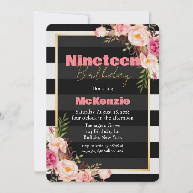 Black Pink Peony Gold Girl 19th Birthday Party Invitation (Front)