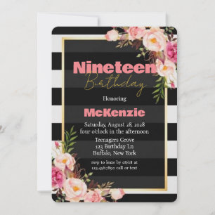 Black Pink Peony Gold Girl 19th Birthday Party Invitation