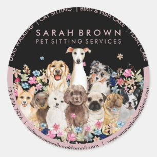 Black Pink Pet Sitting Boutique Floral Dogs Classic Round Sticker