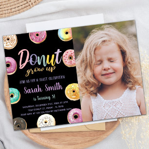 Black Pink Photo Doughnut Birthday Invitations