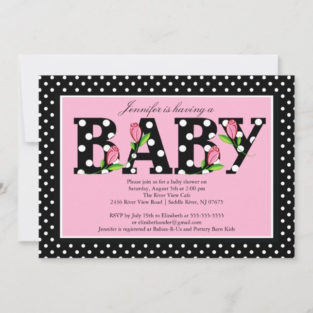 Black Pink Polka Dot "baby"  Baby Shower Invitation (Front)