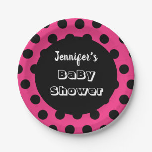 Black & Pink Polka Dot Custom Baby Shower Paper Plate