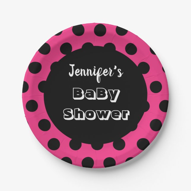 Black & Pink Polka Dot Custom Baby Shower Paper Plate (Front)