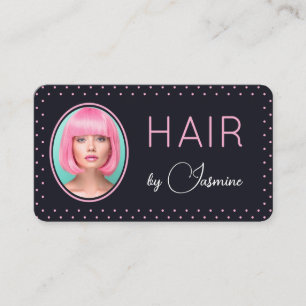 Black Pink Polka Dot Photo Monogram Hair Stylist Business Card