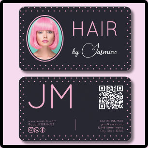 Black Pink Polka Dot Photo Monogram Hair Stylist Business Card