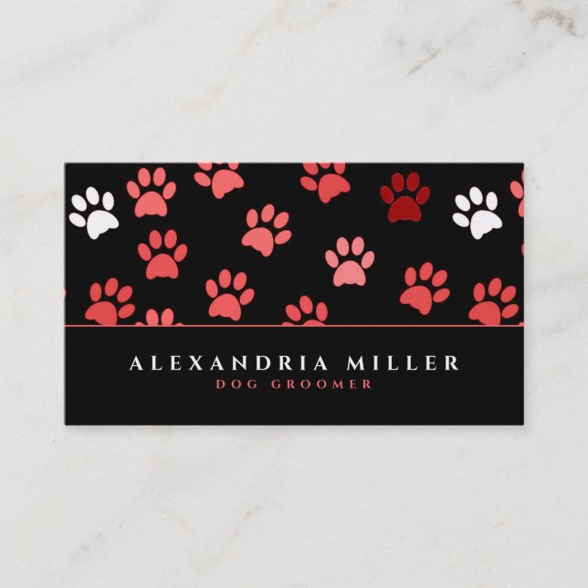 Black & Pink Puppy Dog Paw Prints Business Card (Front)