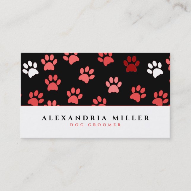 Black & Pink Puppy Dog Paw Prints | Dog Groomer Business Card (Front)