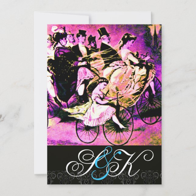BLACK PINK PURPLE BICYCLE WEDDING DAMASK MONOGRAM INVITATION (Front)