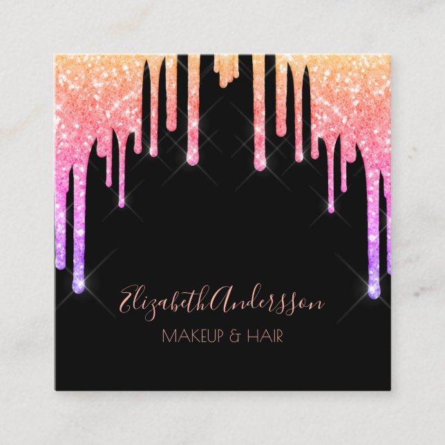 Black pink purple drips makeup hair square business card (Front)