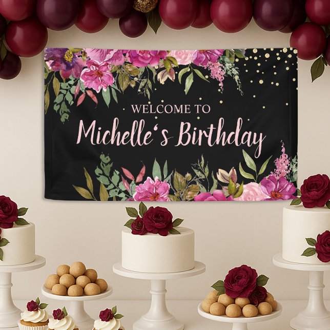 Black Pink Purple Floral Gold Glitter Birthday Banner (Pink floral on black birthday party banner)