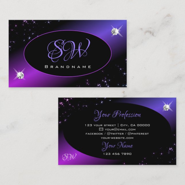 Black Pink Purple Glitter Stars Jewels Initials Business Card (Front/Back)