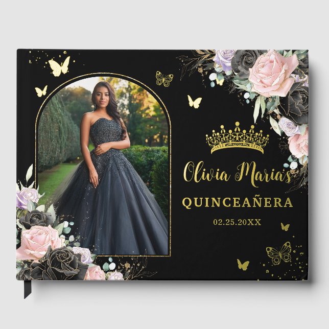 Black Pink Purple Lilac Floral Quinceañera Photo  Guest Book (Front)