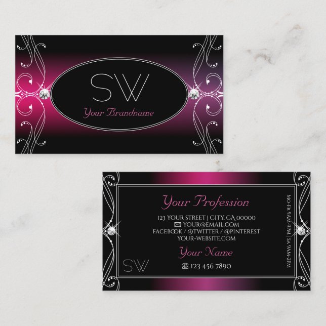 Black Pink Purple Ornate Sparkle Diamonds Initials Business Card (Front/Back)
