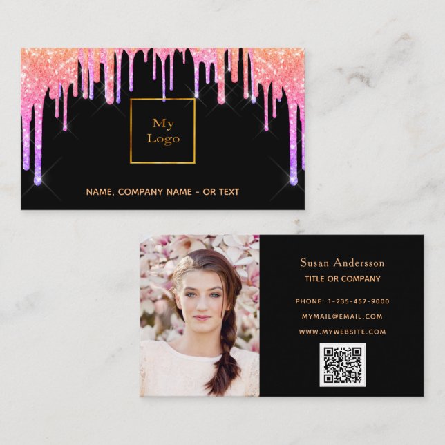 Black pink purple photo QR code glitter drips Business Card (Front/Back)
