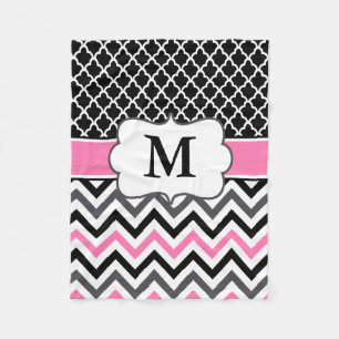 Black Pink Quatrefoil Chevron Monogram Blanket