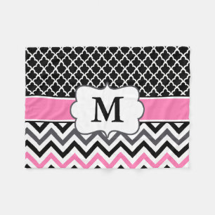 Black Pink Quatrefoil Chevron Monogram Fleece Blanket