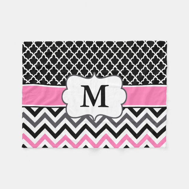 Black Pink Quatrefoil Chevron Monogram Fleece Blanket (Front (Horizontal))