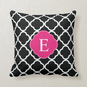 Black Pink Quatrefoil Monogram Cushion