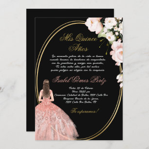 Black pink Quinceanera invitation in Spanish
