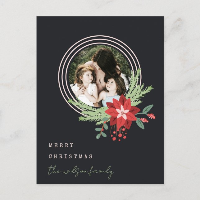 Black Pink Red Christmas Photo Poinsettia Floral Holiday Postcard (Front)