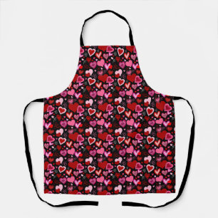 Black Pink Red Hearts Love Pattern Apron