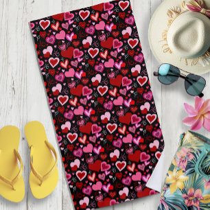 Black Pink Red Hearts Love Pattern Beach Towel