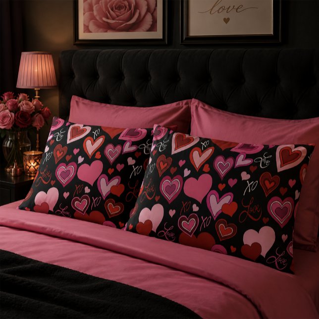 Black Pink Red Hearts Love Pattern Pillowcase (Creator Uploaded)