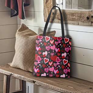Black Pink Red Hearts Love Pattern Tote Bag