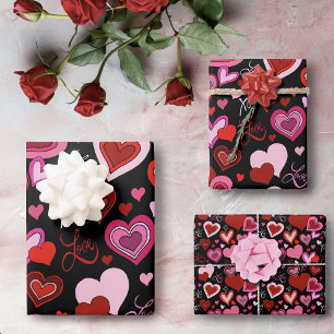 Black Pink Red Hearts Love Pattern Wrapping Paper Sheet