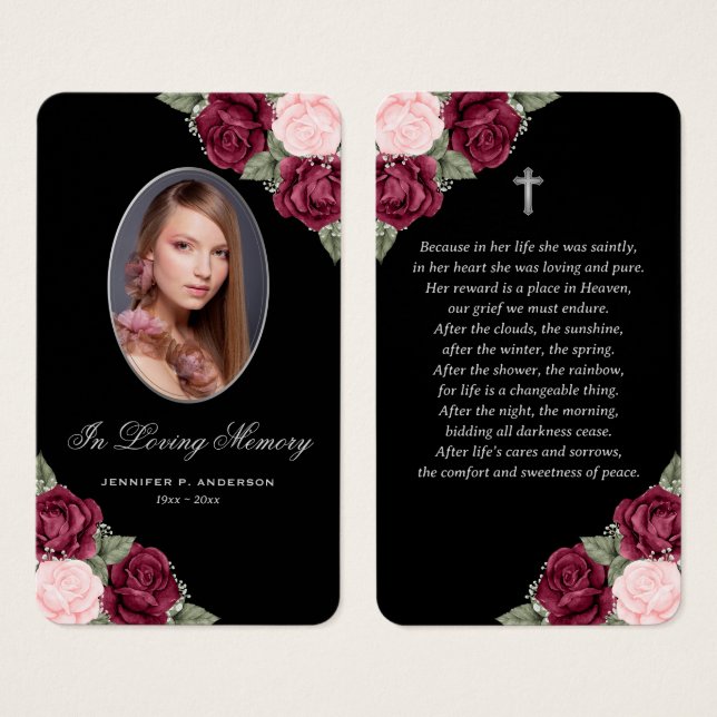 Black Pink Red Silver Floral Memorial Prayer Card (Front & Back)