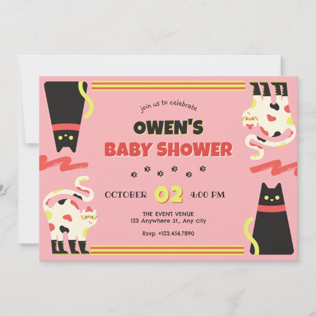 Black Pink retro cat baby shower Invitation (Front)